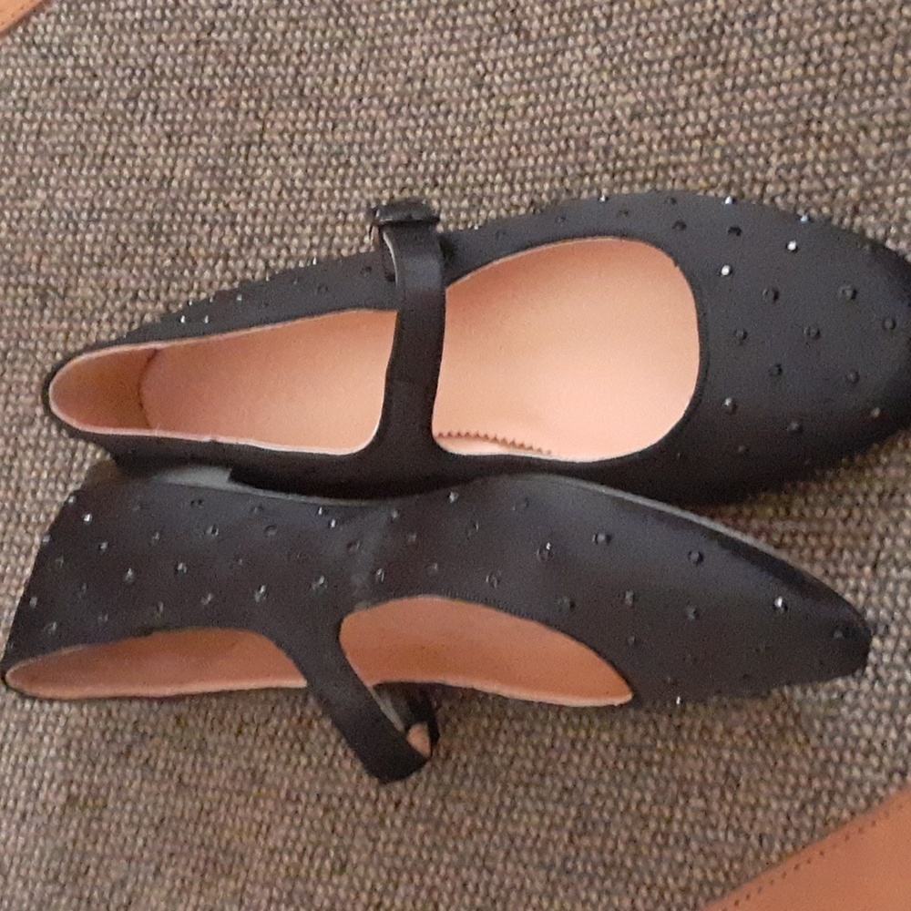 J Crew, Satin Upper, Adjustsble Strap. Adorned With Black Shimmers